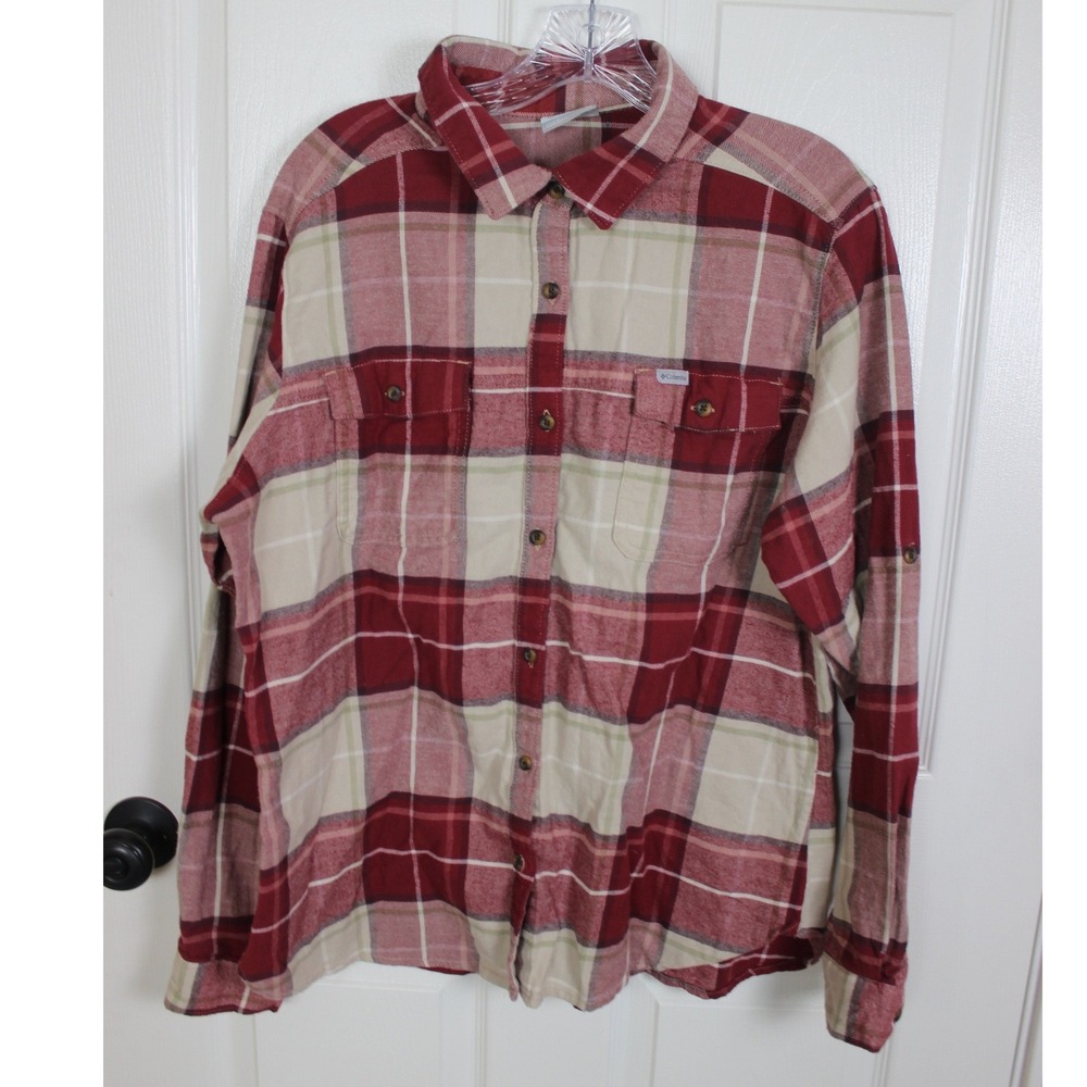Columbia Womens XL Red Plaid Flannel Button Down Shirt AL2887 Long Sleeve Top